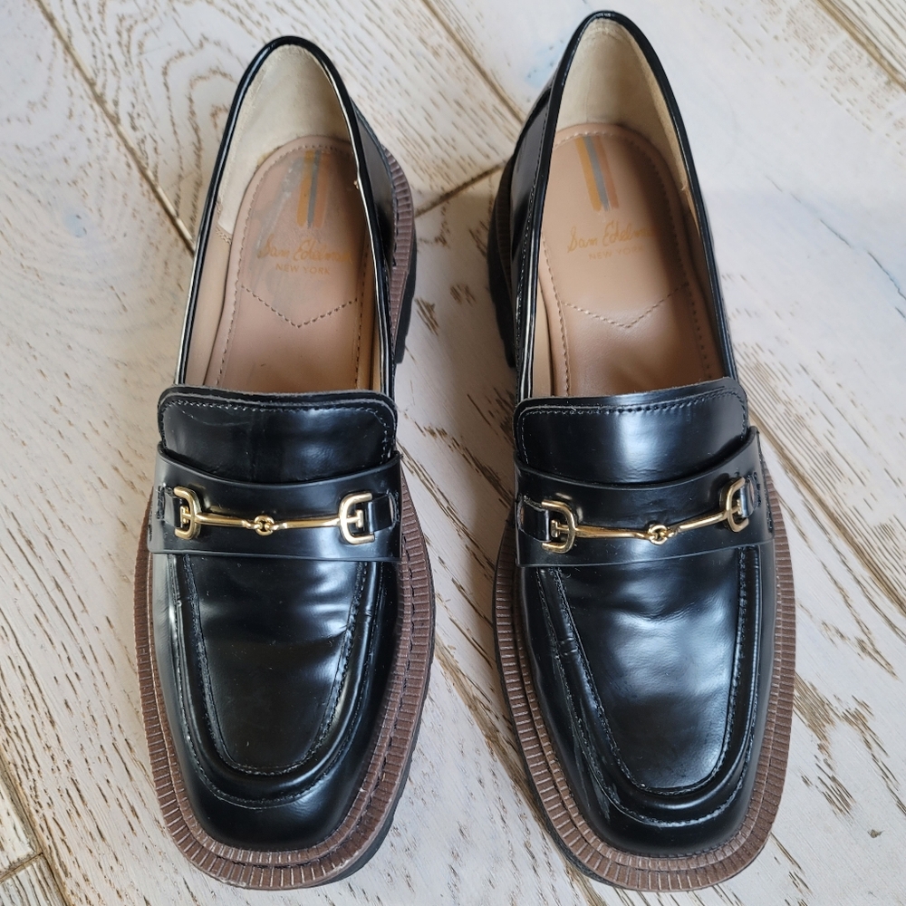 Sam Edelman Laurs Black Patent Platform Lug Sole Loafers 7.5 Gold Buckle - Picture 2 of 14